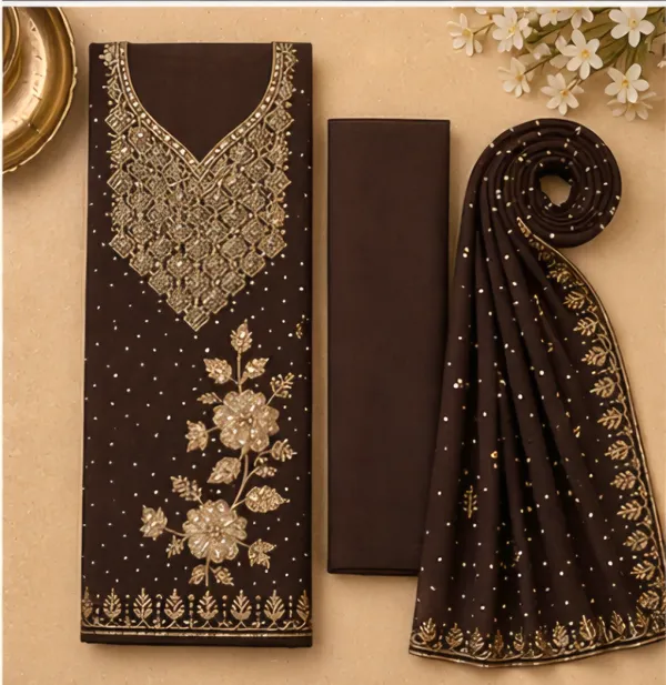 Brown_Georgette_Unstitched_Suit_Set_For_Women