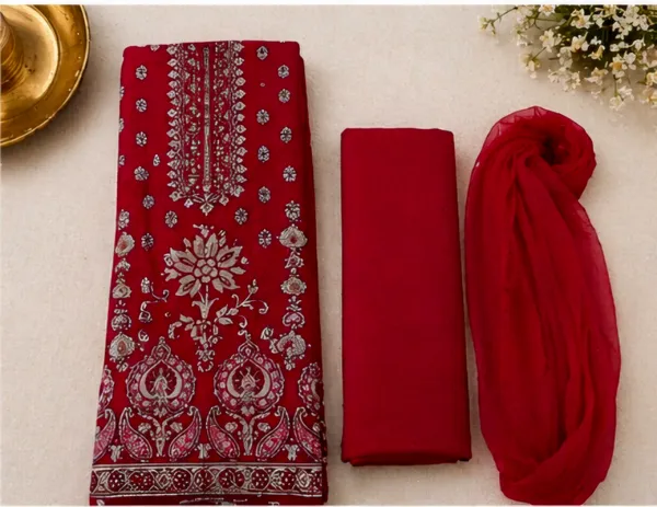 Red_Rayon_Unstitched_Suit_Set_For_Women