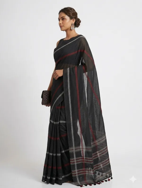 Black_Soft_Cotton_Saree_with_Ethnic_Woven_Border