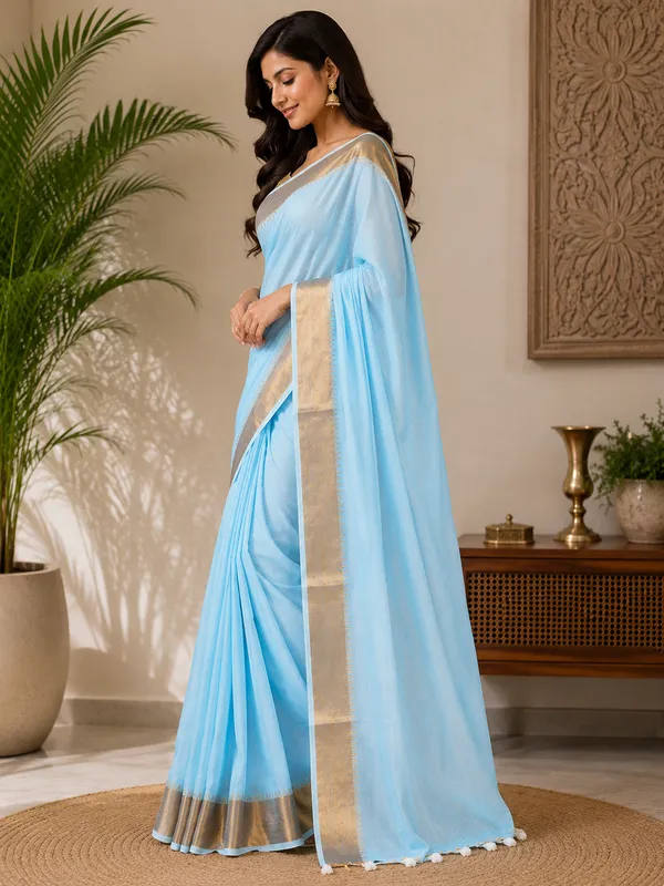 Blue_Cotton_Blend_Saree_with_Golden_Zari_Border