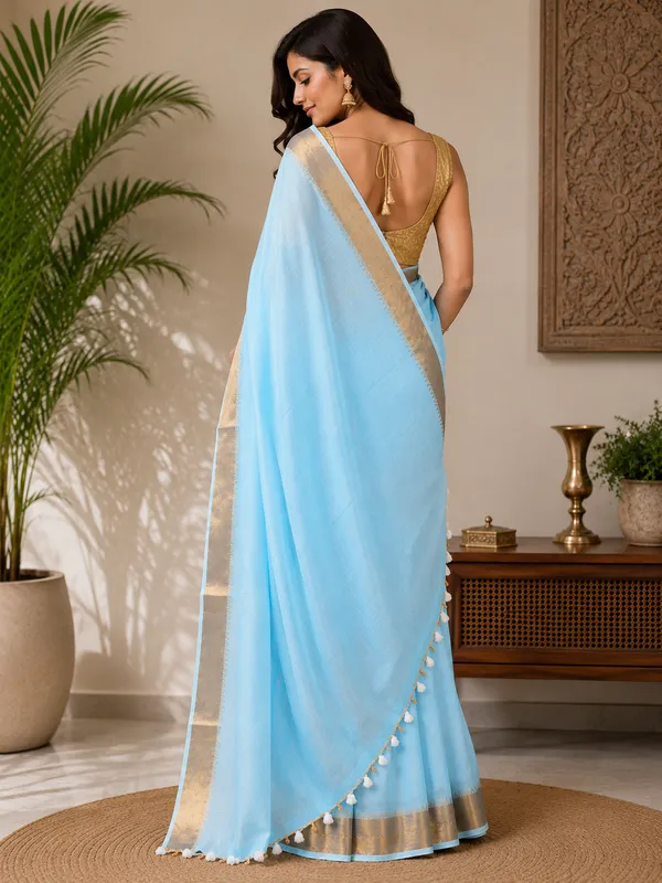 Blue_Cotton_Blend_Saree_with_Golden_Zari_Border