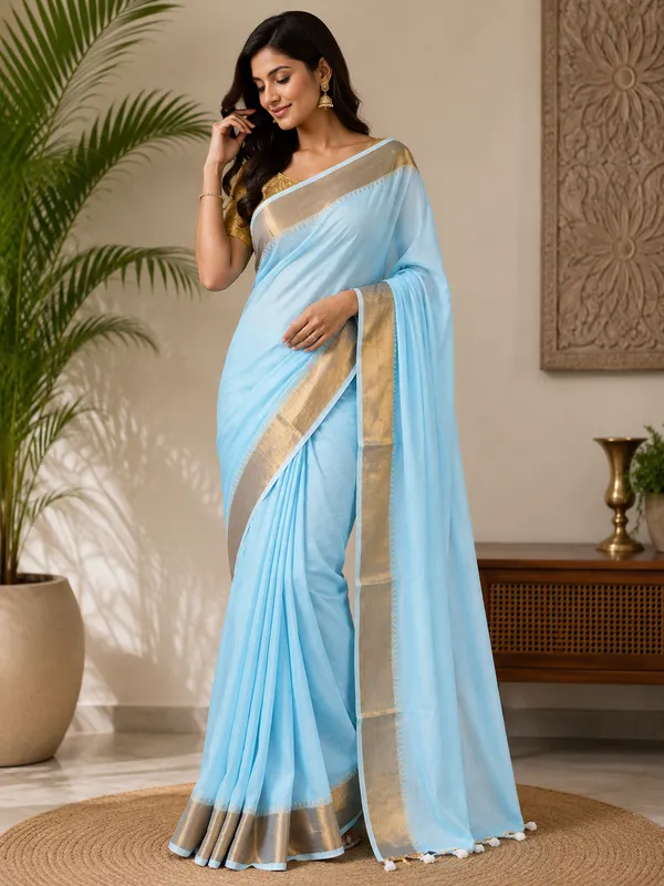 Blue_Cotton_Blend_Saree_with_Golden_Zari_Border