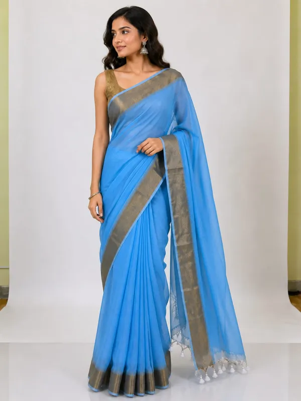 Blue_cotton_zari_border_saree
