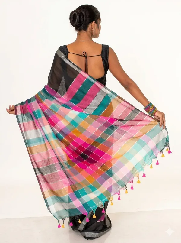 Checked_Cotton_Blend_Saree_with_Silver_Zari_Border