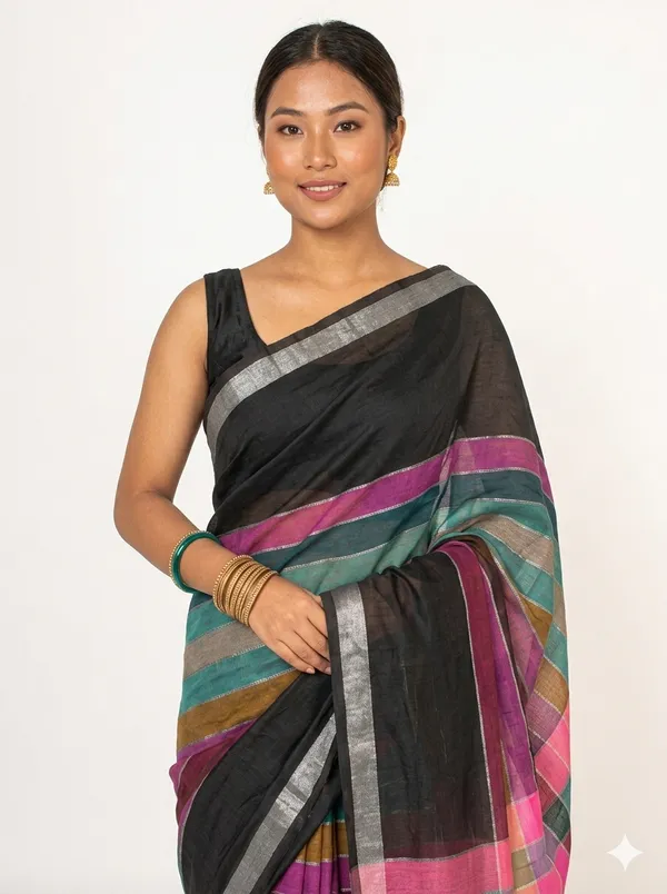 Checked_Cotton_Blend_Saree_with_Silver_Zari_Border