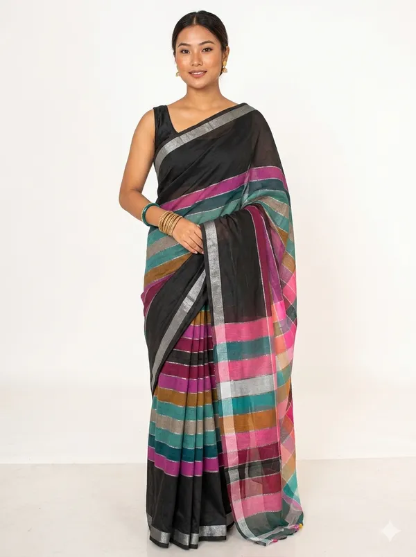 Checked_Cotton_Blend_Saree_with_Silver_Zari_Border