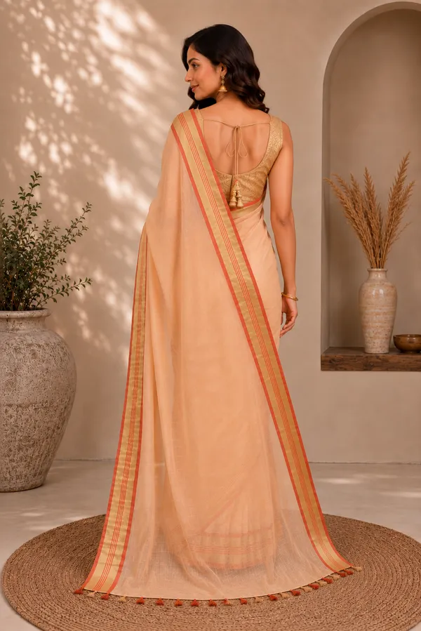 Cotton_Blend_Saree_with_Contrast_Striped_Border_&_Tassel_Detailing