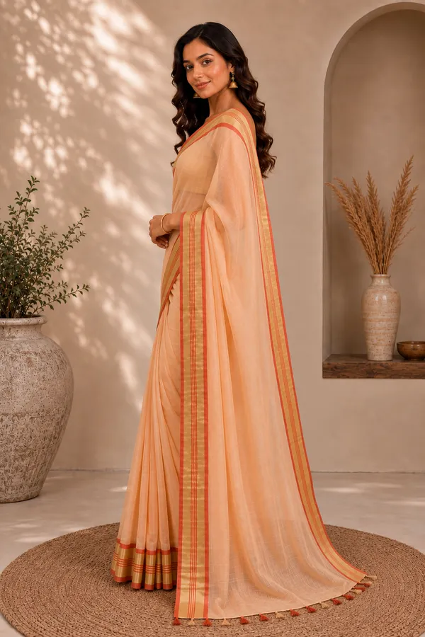 Cotton_Blend_Saree_with_Contrast_Striped_Border_&_Tassel_Detailing