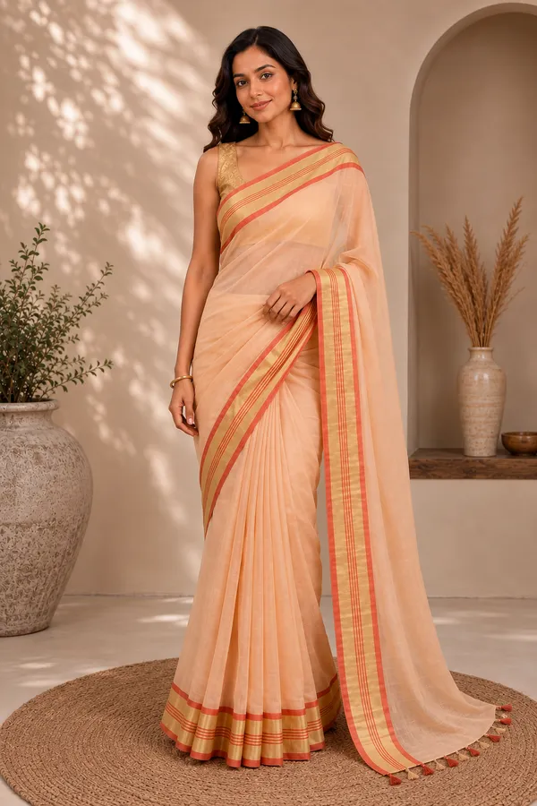 Cotton_Blend_Saree_with_Contrast_Striped_Border_&_Tassel_Detailing