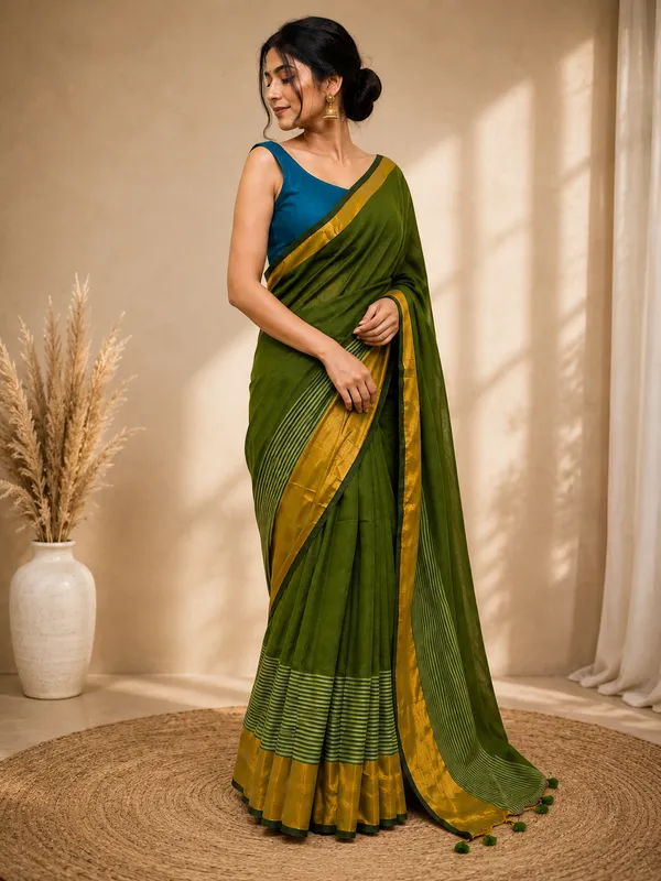 Cotton_Blend_Saree_with_Golden_Zari_Border