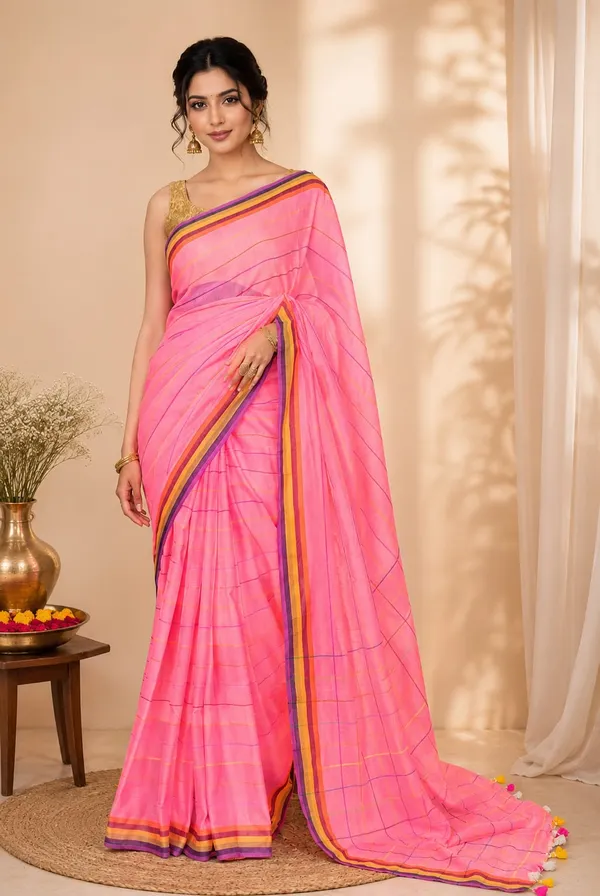 Cotton_Blend_Saree_with_Multicolor_Striped_Border