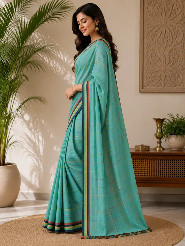 Cotton_Blend_Saree_with_Multicolor_Striped_Border