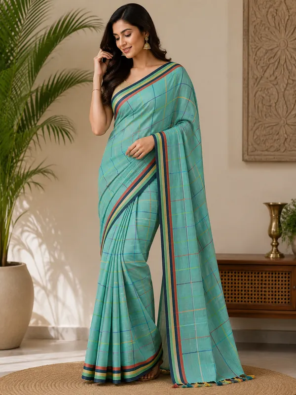 Cotton_Blend_Saree_with_Multicolor_Striped_Border