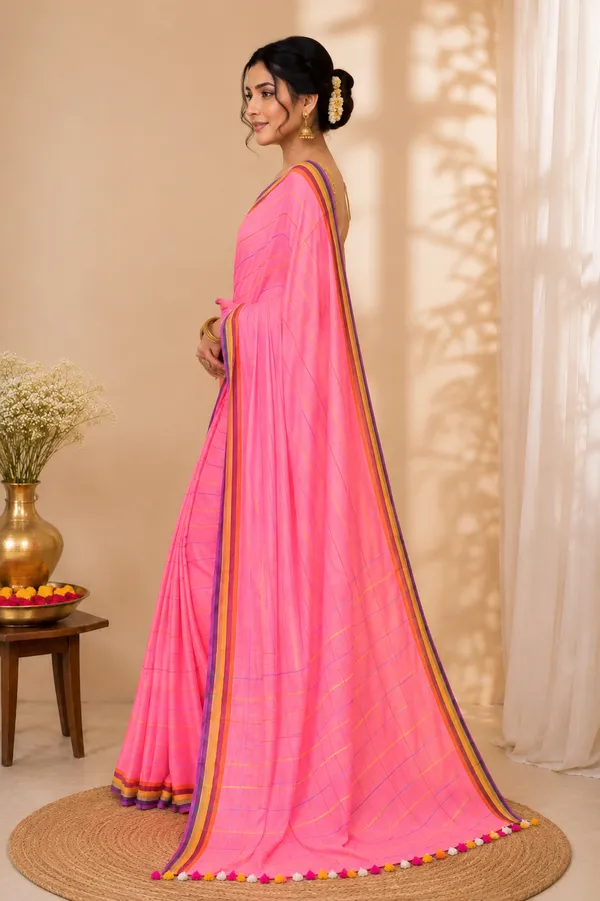 Cotton_Blend_Saree_with_Multicolor_Striped_Border