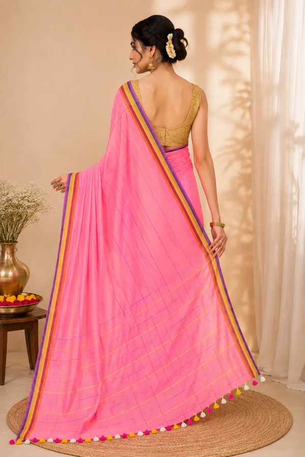 Cotton_Blend_Saree_with_Multicolor_Striped_Border