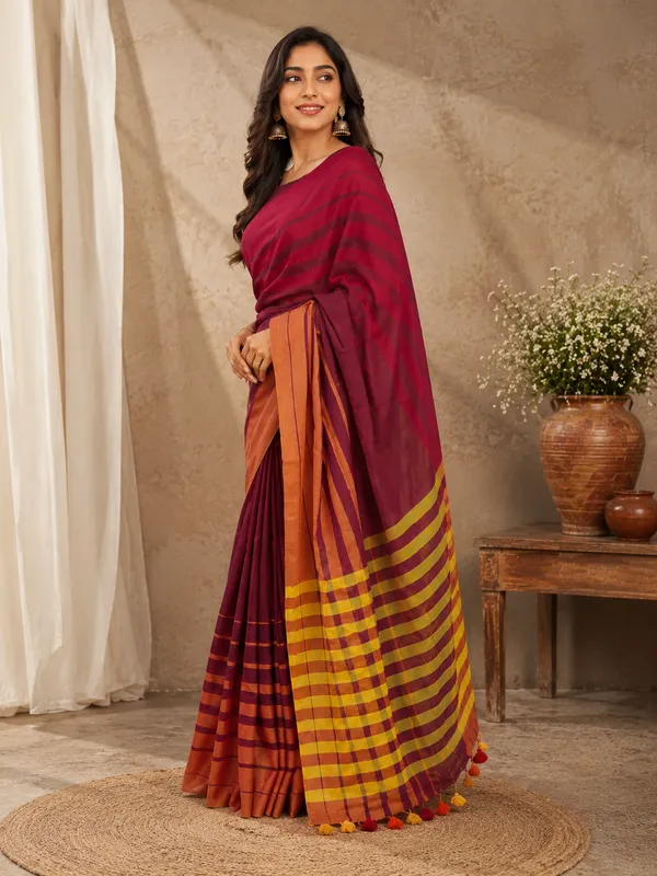 Cotton_Saree_with_Contrast_Striped_Border_&_Multicolour_Tassels