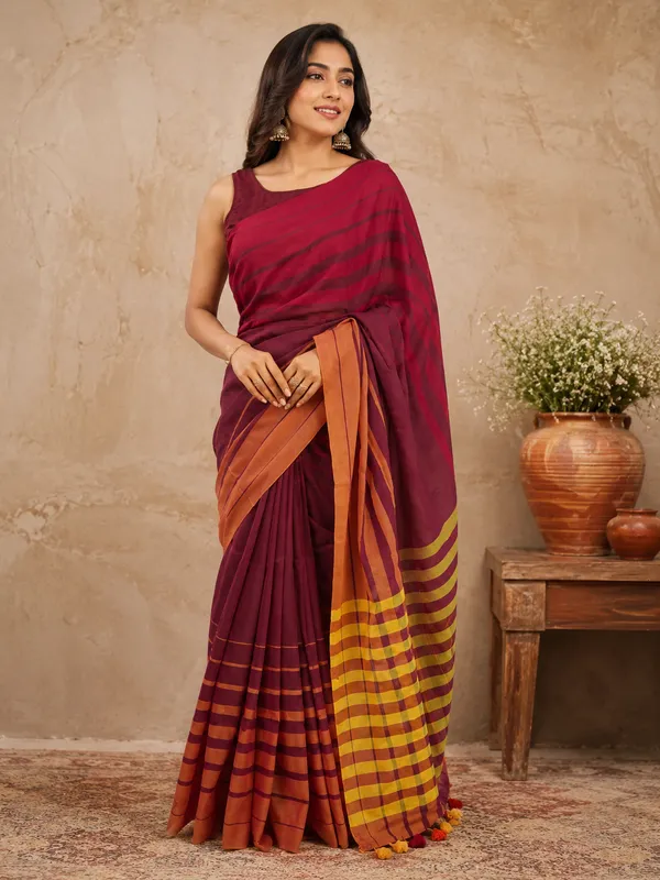 Cotton_Saree_with_Contrast_Striped_Border_&_Multicolour_Tassels