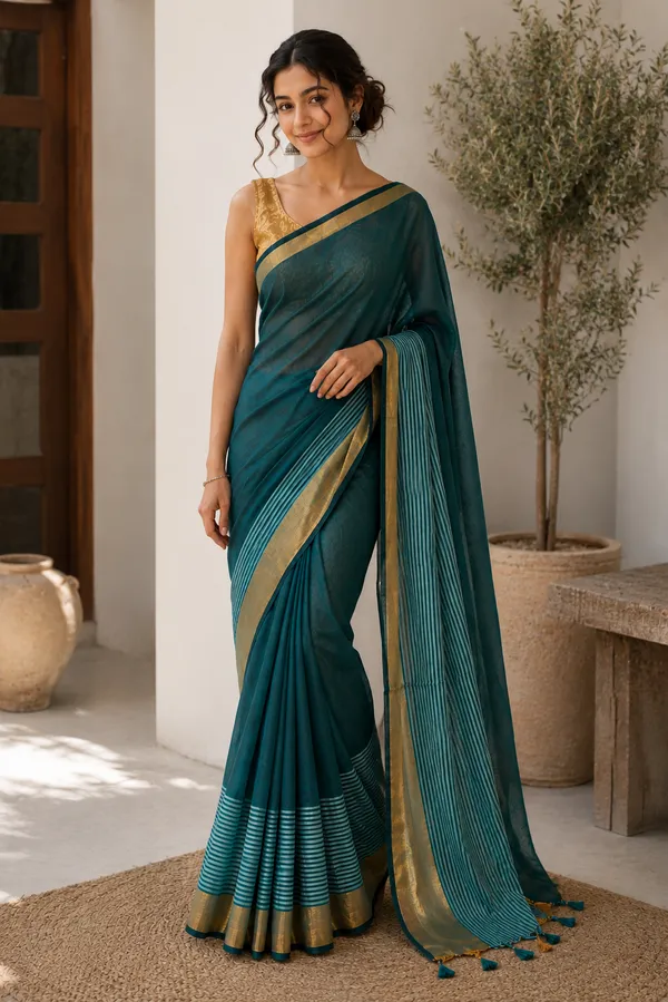 Cotton_Saree_with_Green_&_Gold_Border