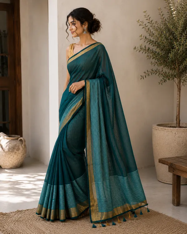 Cotton_Saree_with_Green_&_Gold_Border