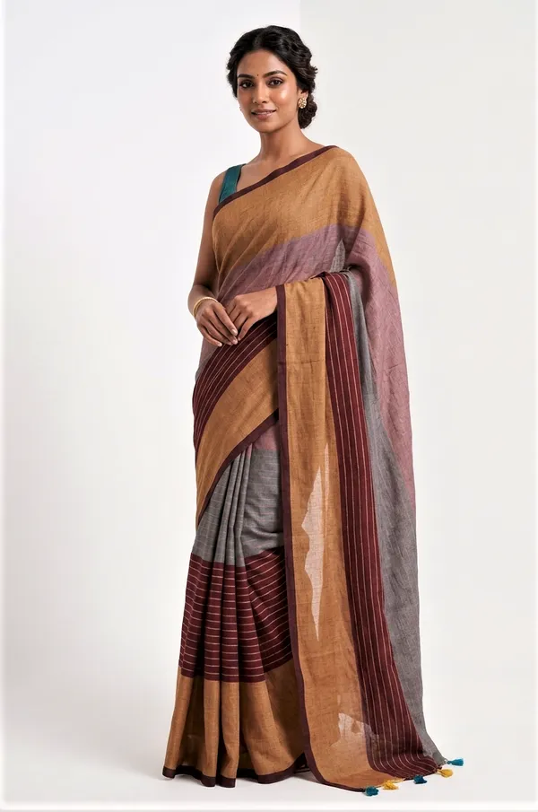 Cotton_Saree_with_Wine_Striped_Border_&_Multicolour_Tassels