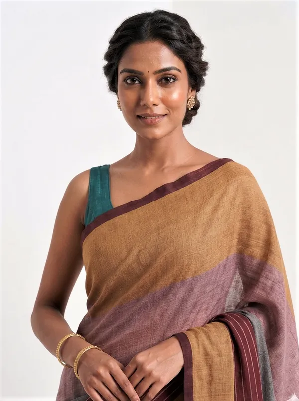 Cotton_Saree_with_Wine_Striped_Border_&_Multicolour_Tassels
