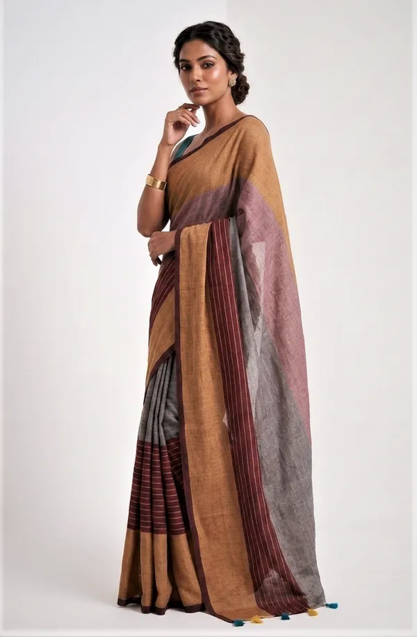 Cotton_Saree_with_Wine_Striped_Border_&_Multicolour_Tassels