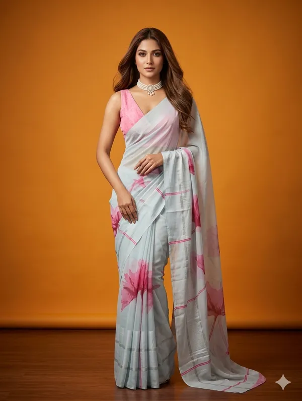 Designer_Saree_with_Floral_Print_and_Delicate_Striped_Border_for_Women