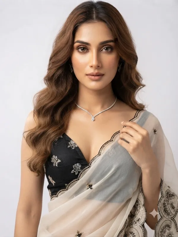 Designer_Saree_with_Intricate_Black_Embroidered_Border_and_Delicate_Floral_Butti_Pattern_for_Women