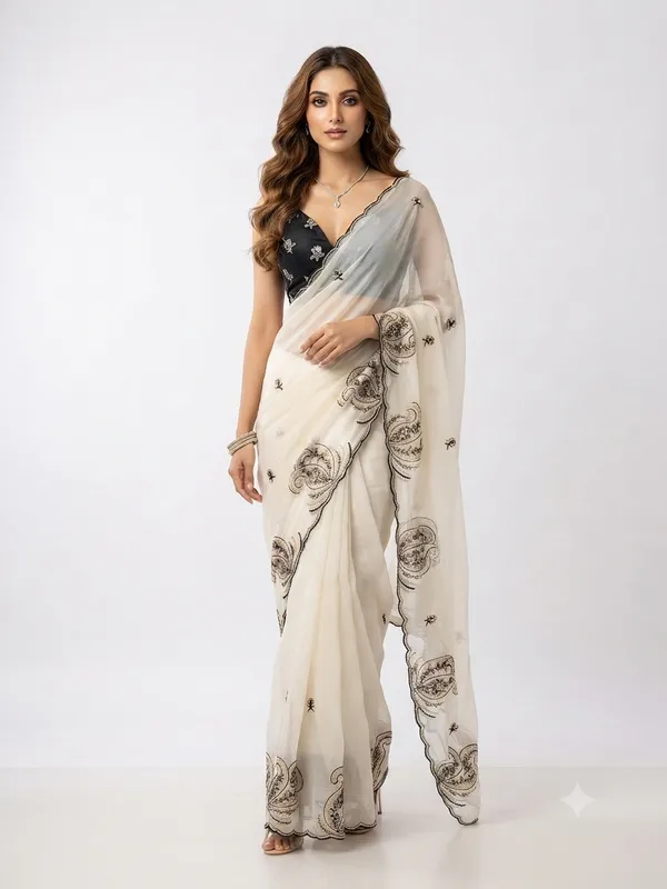 Designer_Saree_with_Intricate_Black_Embroidered_Border_and_Delicate_Floral_Butti_Pattern_for_Women
