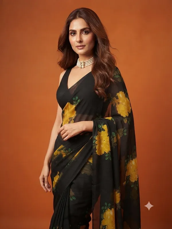 Elegant_Black_Designer_Saree_with_Mustard_Yellow_Floral_Print_and_Green_Leaf_Motifs_for_Women