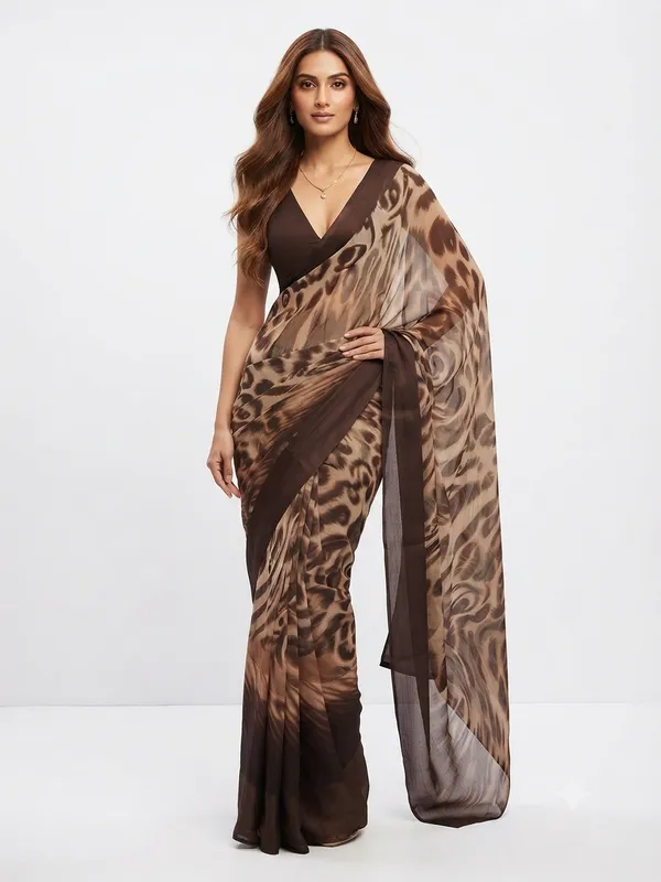 Elegant_Brown_Designer_Saree_with_Abstract_Animal_Print_and_Solid_Contrast_Border_for_Women