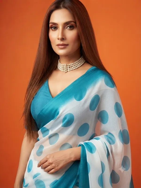Elegant_Designer_Saree_with_Contemporary_Polka_Dot_Print_and_Botanical_Printed_Pallu_for_Women