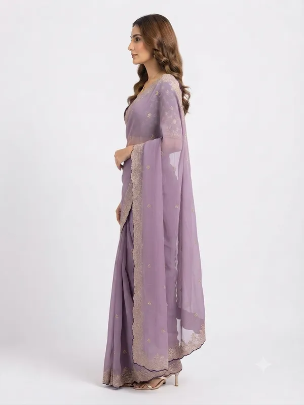 Elegant_Lavender_Designer_Saree_with_Delicate_Golden_Floral_Embroidered_Border_and_Subtle_Butti_Pattern_for_Women