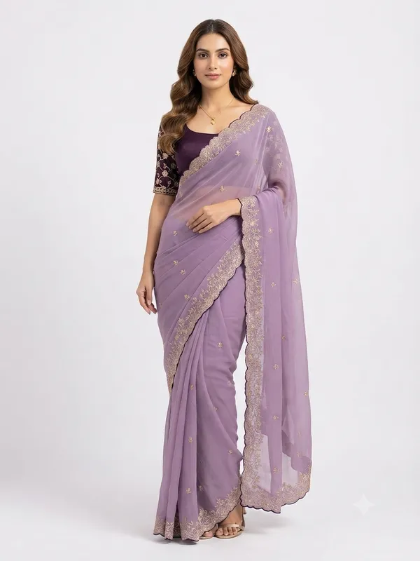 Elegant_Lavender_Designer_Saree_with_Delicate_Golden_Floral_Embroidered_Border_and_Subtle_Butti_Pattern_for_Women