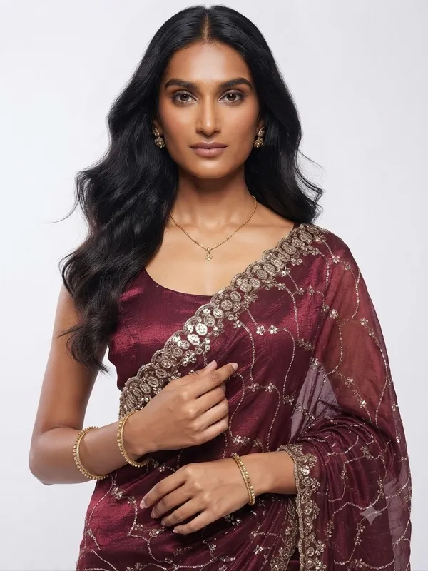 Elegant__Designer_Saree_with_Intricate_Sequin_Embroidery,_Wavy_Pattern_and_Embellished_Floral_Border_for_Women