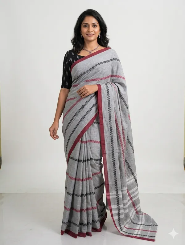 Grey_Cotton_Saree_with_Ethnic_Woven_Stripe_Design