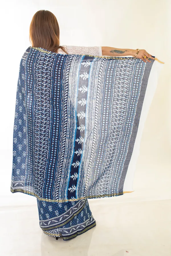 Indigo_Hand_Block_Print_Cotton_Saree