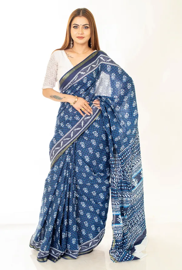 Indigo_Hand_Block_Print_Cotton_Saree