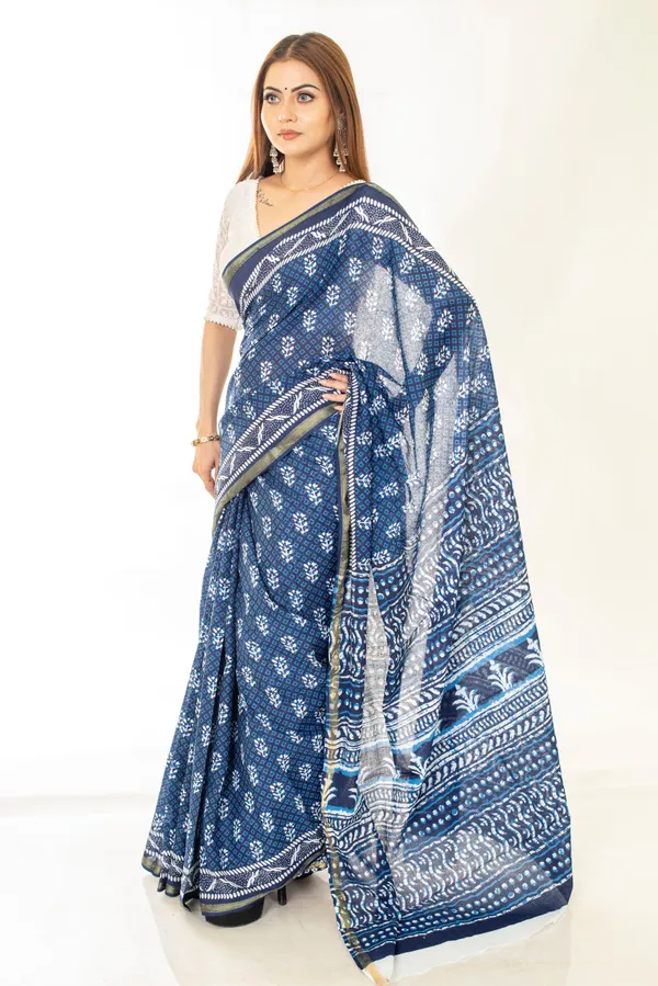 Indigo_Hand_Block_Print_Cotton_Saree