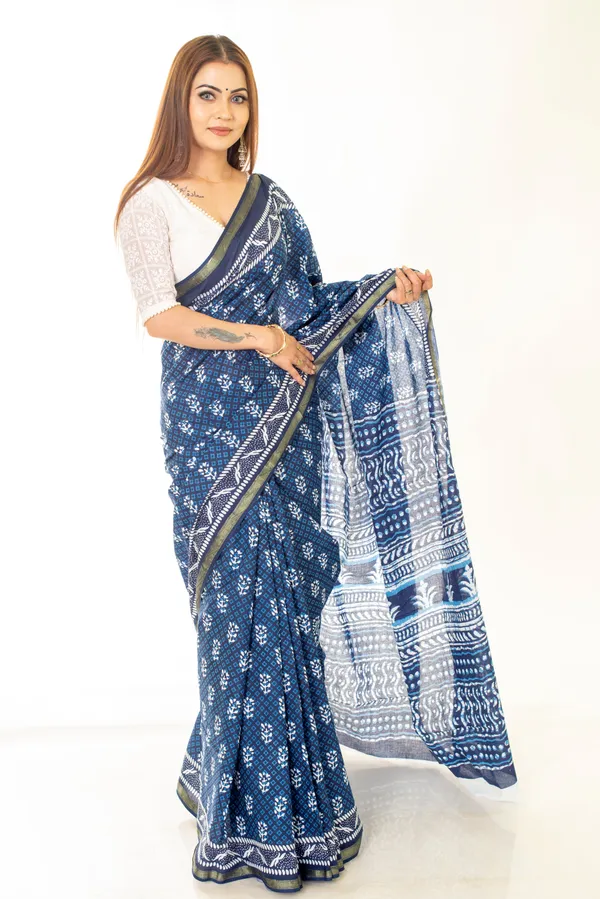 Indigo_Hand_Block_Print_Cotton_Saree