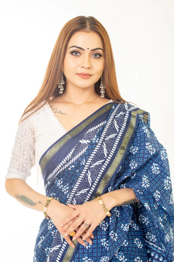Indigo_Hand_Block_Print_Cotton_Saree