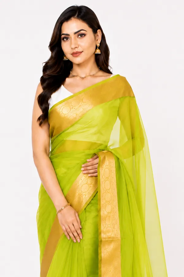 Lime_green_organza_tissue_sari_with_gold_zari_border