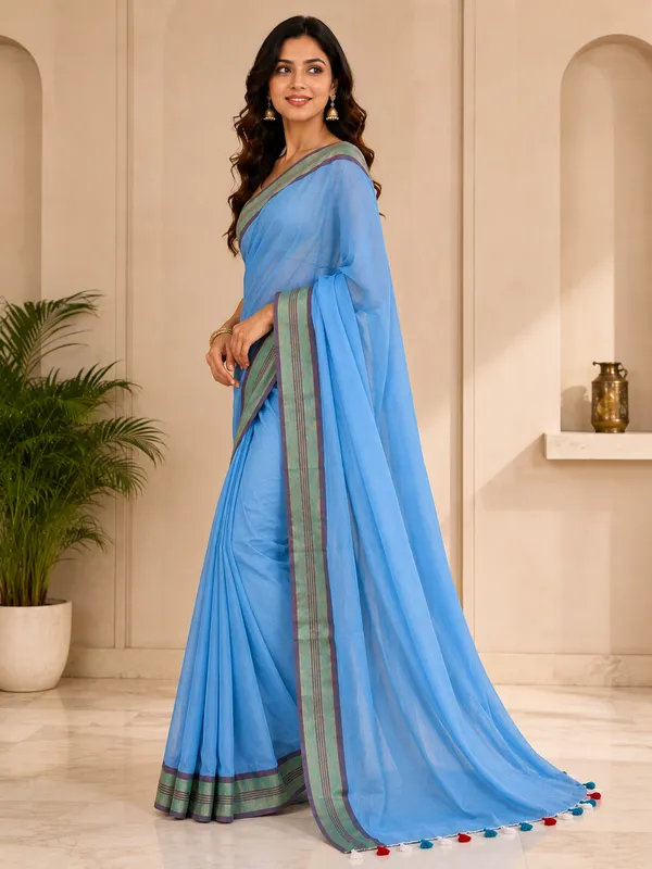 Linen_Saree_with_Multicolour_Striped_Border_&_Tassels