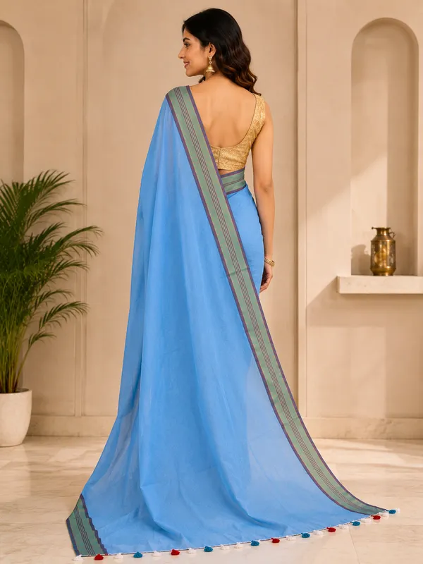 Linen_Saree_with_Multicolour_Striped_Border_&_Tassels