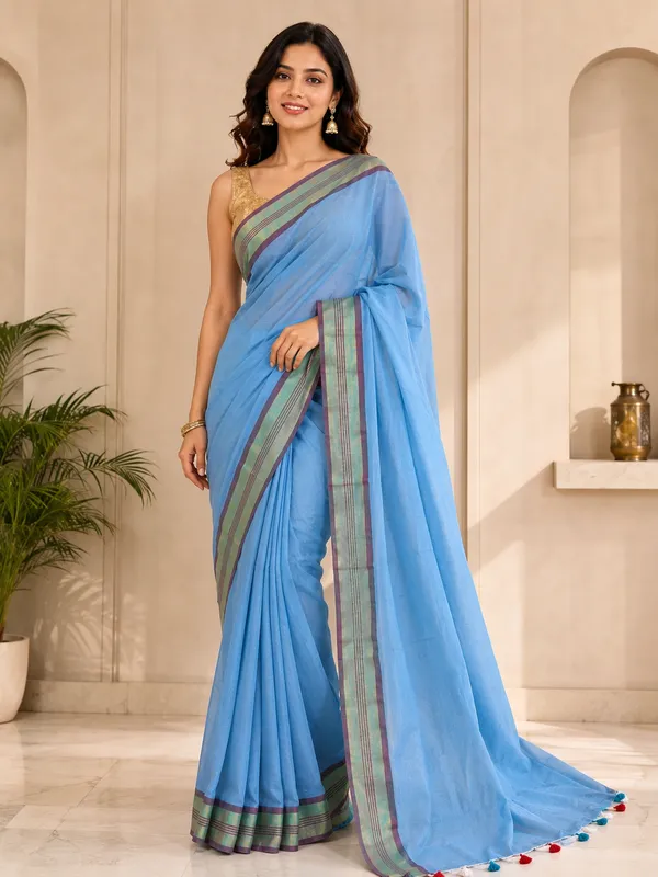 Linen_Saree_with_Multicolour_Striped_Border_&_Tassels