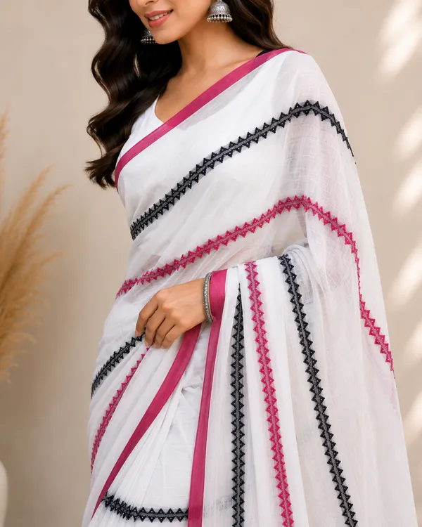Premium_Mul_Cotton_Saree_with_Embroidered_Stripes_with_Blouse_Piece