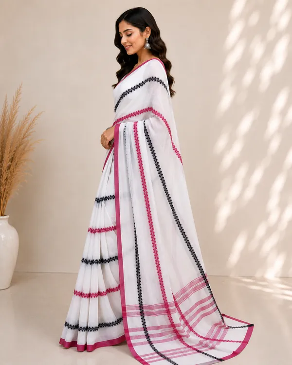 Premium_Mul_Cotton_Saree_with_Embroidered_Stripes_with_Blouse_Piece