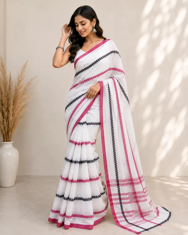 Premium_Mul_Cotton_Saree_with_Embroidered_Stripes_with_Blouse_Piece