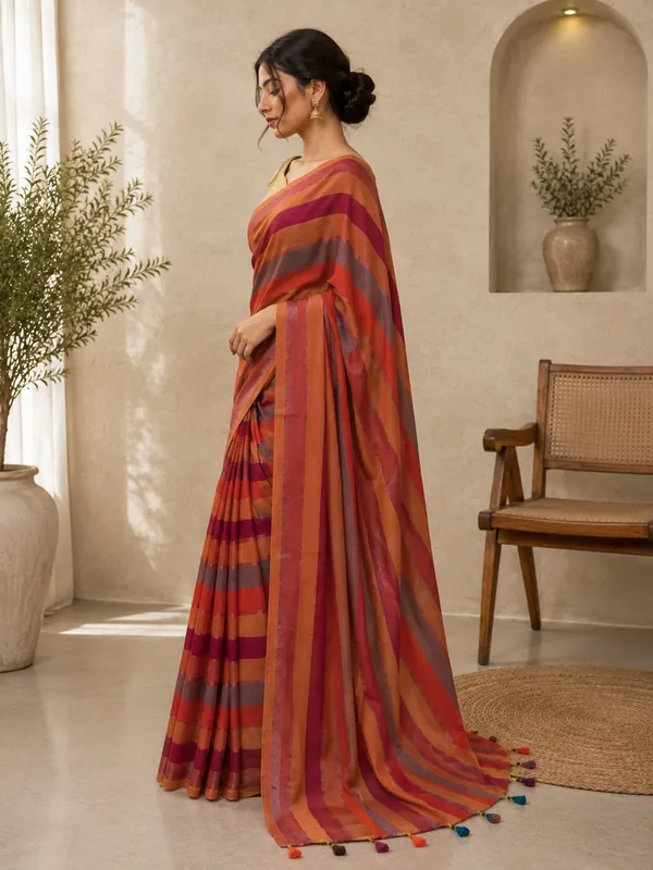 Multicolor_Striped_Cotton_Blend_Saree_with_Tassel_Pallu