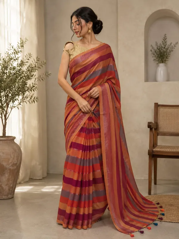 Multicolor_Striped_Cotton_Blend_Saree_with_Tassel_Pallu